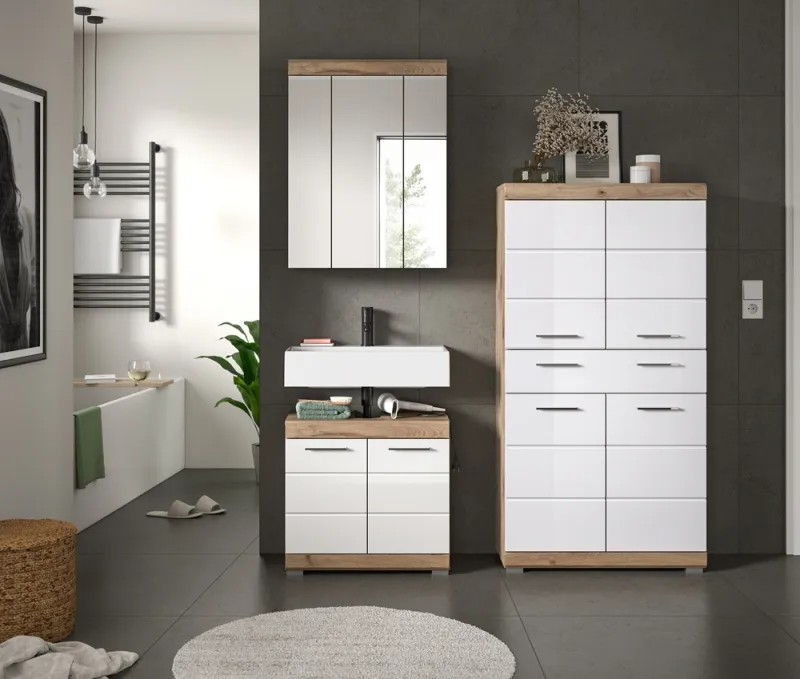 Badezimmer-Set Wave | weiß Hochglanz / Nox Oak | 3-teilig | mit Aufsatzleuchte