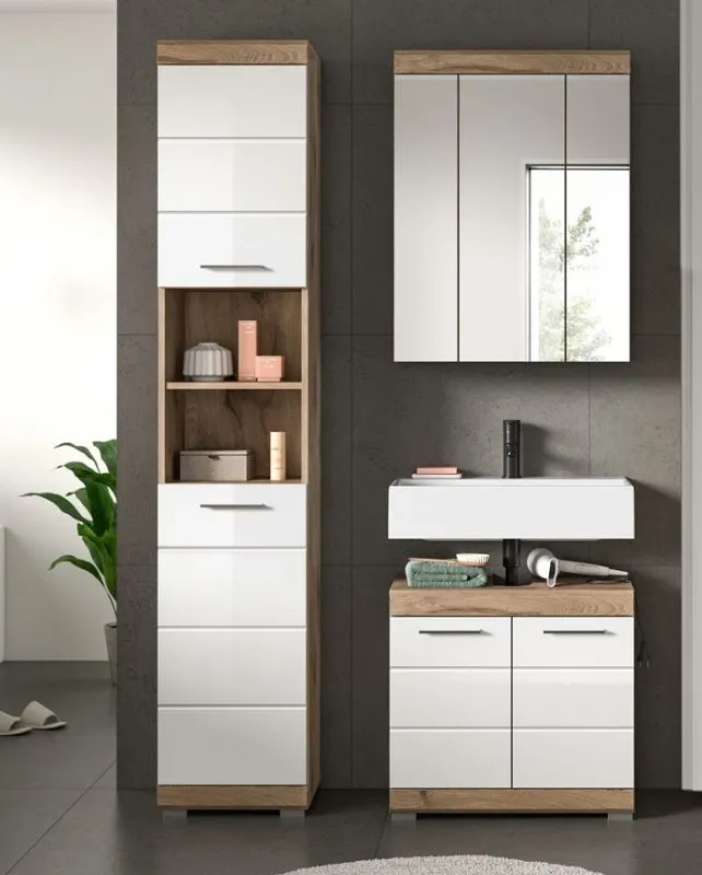 Badezimmer-Set Wave, 3-teilig, im Bad mit Spiegelschrank, Waschtisch-Unterschrank und Hochschrank, teilweise offene Fächer