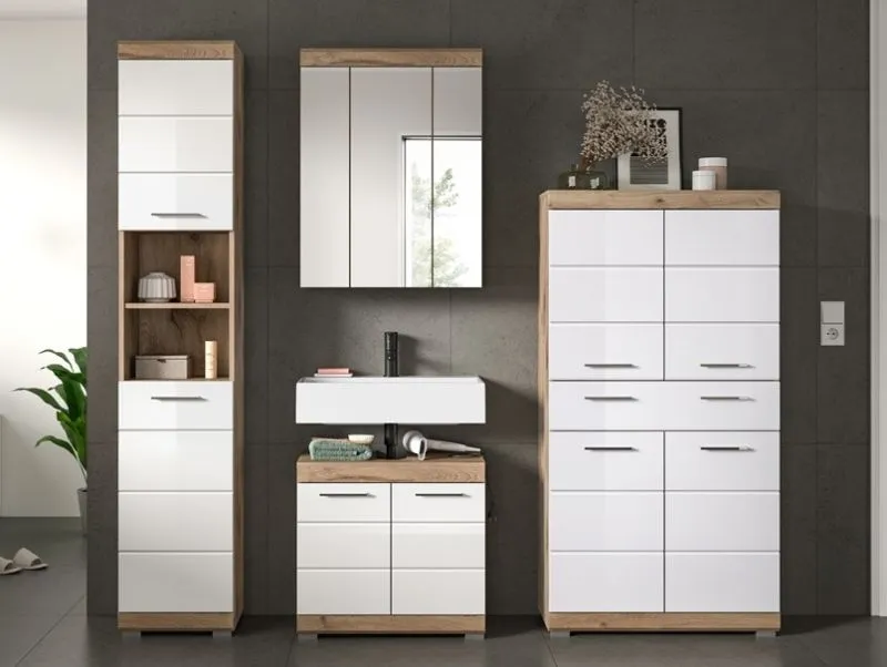 Badezimmer-Set Wave | weiß Hochglanz / Nox Oak | 4-teilig | optional Beleuchtung