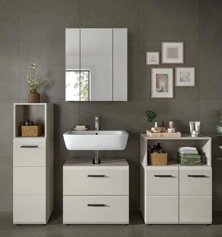 Badkombination Bad Set Ice 8, 4-teilig, im Bad mit Spiegelschrank, Waschtisch mit Unterschrank, Hochschrank und Seitenschrank