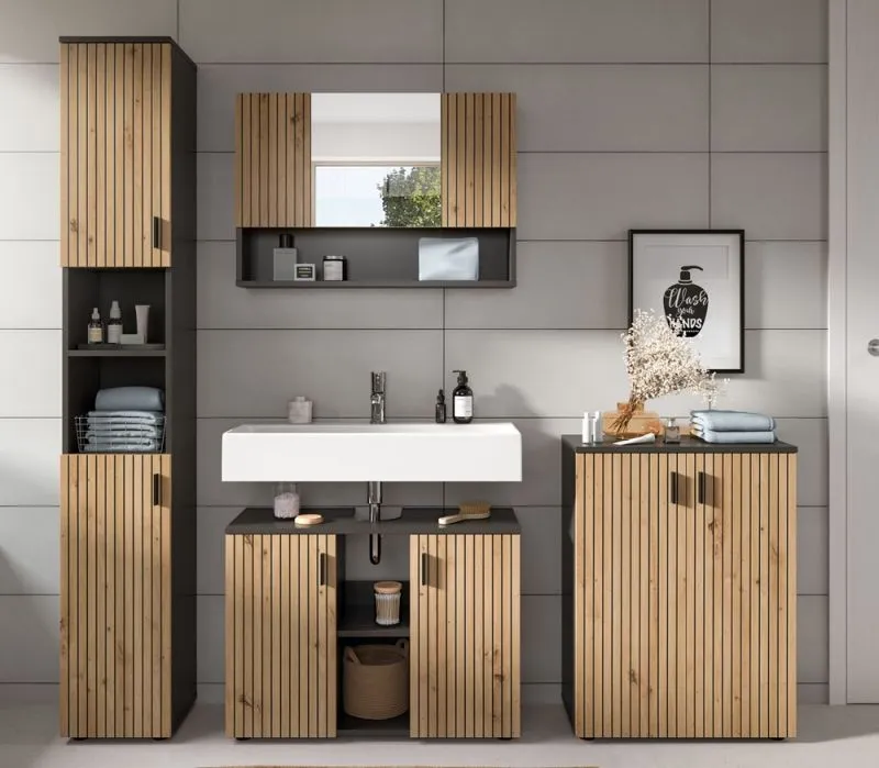 Badkombination Mone | 4-teilig | Basalt grau / Artisan Oak