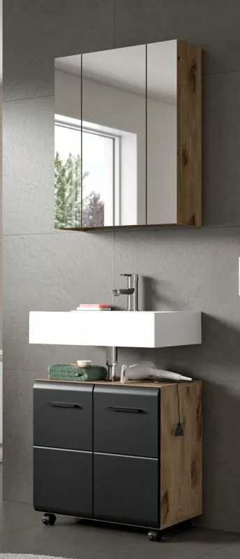 Badmöbel Ice auf Rollen | 2-teilig | Nox Oak / schwarz ohne
