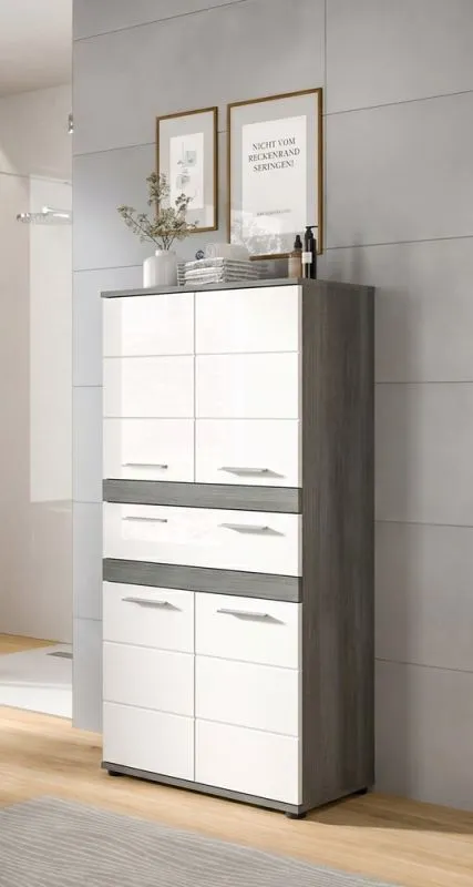 Badschrank Schrank Blake 1 | weiß Hochglanz / Rauchsilber