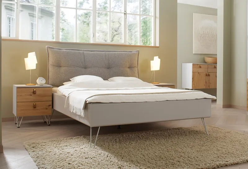 Bett Set Homey | mit Polsterkopfteil | seidengrau | 180x200 | mit 2 Nachttische