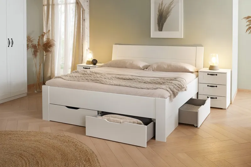 Bett Set Set Cottage | mit Sockelschubkästen | alpinweiß | 160x200 | mit 2 Nachttische