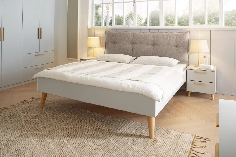 Bett Set Skandi | mit Polsterkopfteil | seidengrau | 180x200 | mit 2 Nachttische