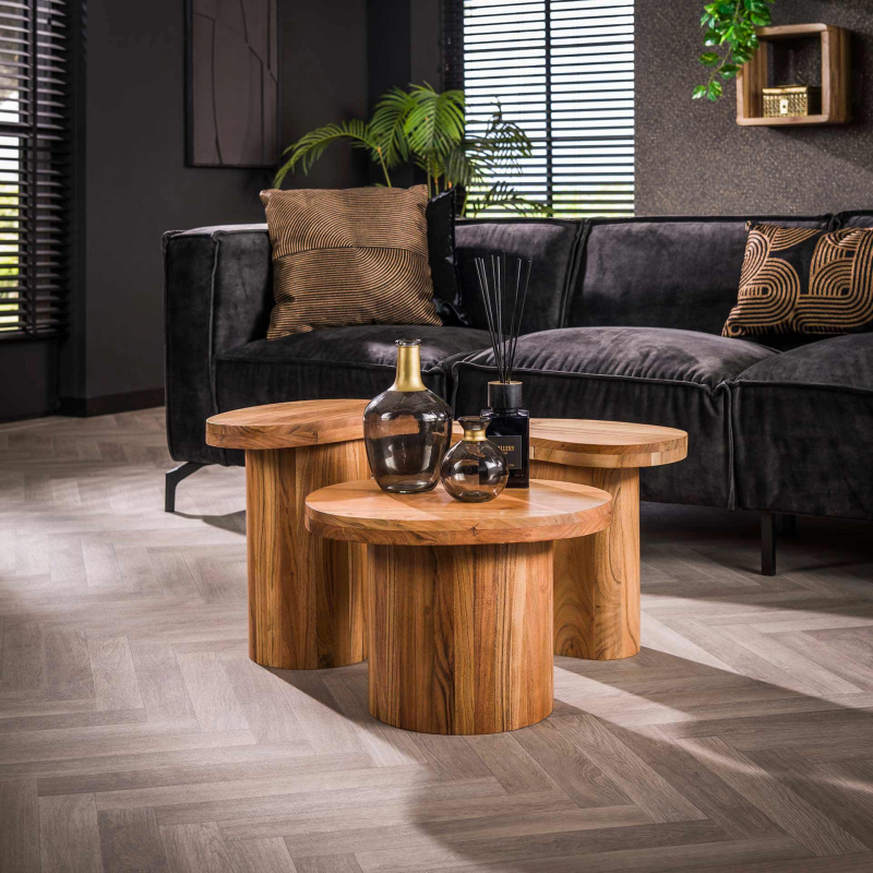 Couchtisch set Katai | 3-teilig | verschiedene Formen | Akazie massiv | Naturfarben