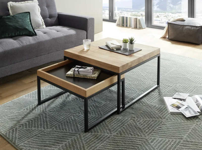 Couchtisch Set Lubao | 2-teilig | Eiche massiv | 57/65 | Eichefarben / schwarz