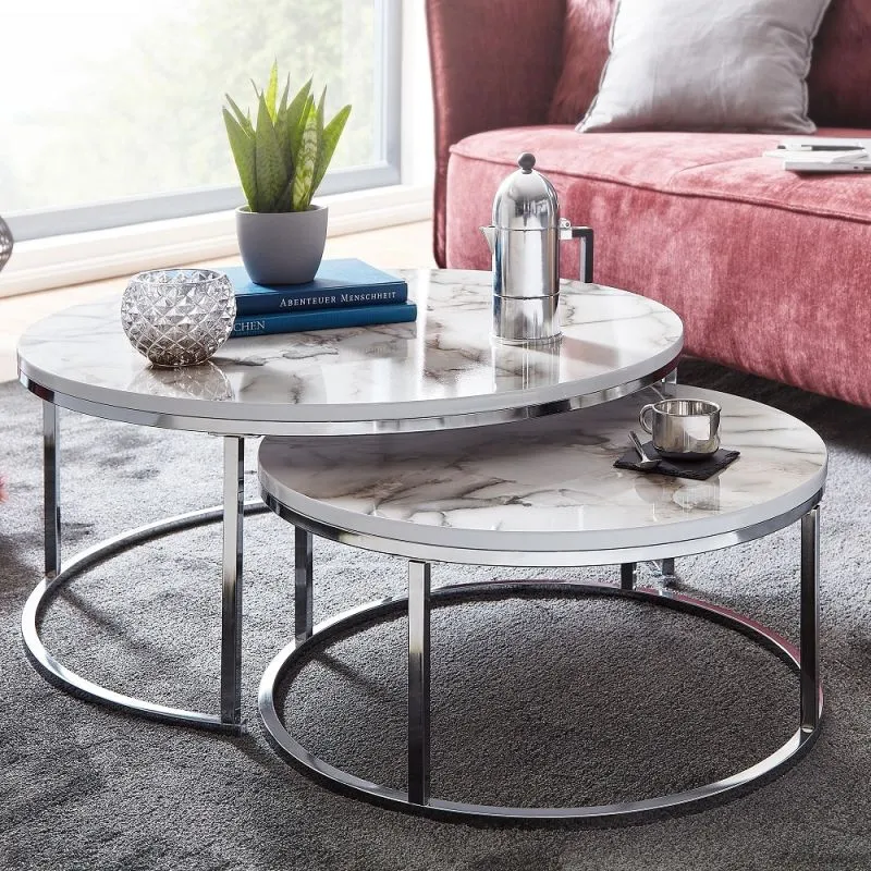 Couchtisch Set Marma 2-teilig | rund | Silber Marmorlook
