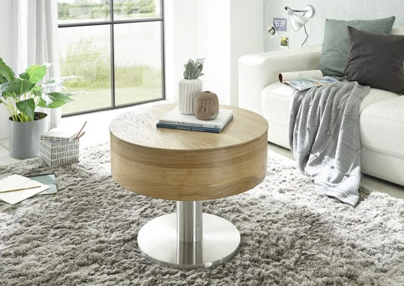 Couchtisch Tanger mit Lift | rund | Ø60 | Asteiche / Edelstahl | auf Rollen