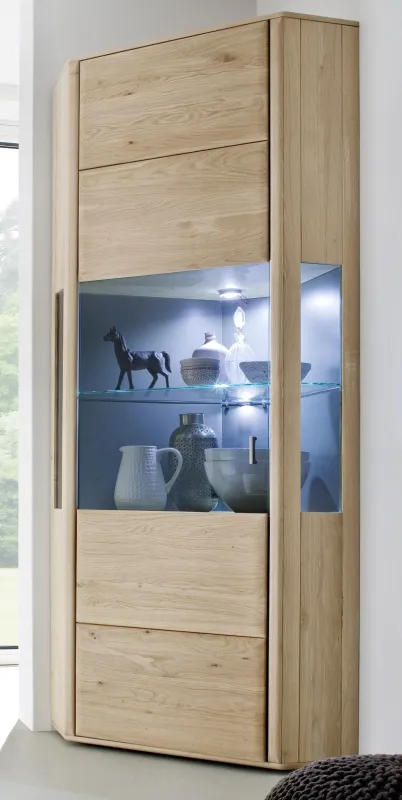 Eckvitrine Tarragona | Eiche Bianco | mit 1er Set Glasbodenbeleuchtung