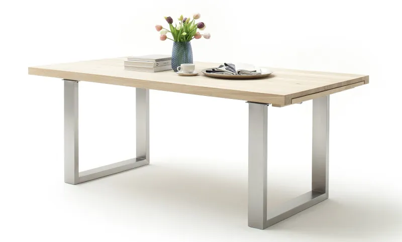 Esstisch Ausziehtisch Dayton | Eiche Bianco massiv | Edelstahl | 180/200/220 x 100 | verschiedene Größen