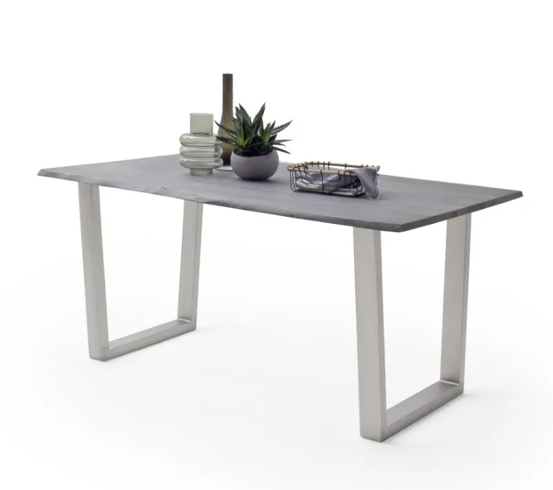 Esstisch Calabria | Akazie massiv | T-Gestell Edelstahl | grau | 160 x 90-Tischplatte 2,5 cm