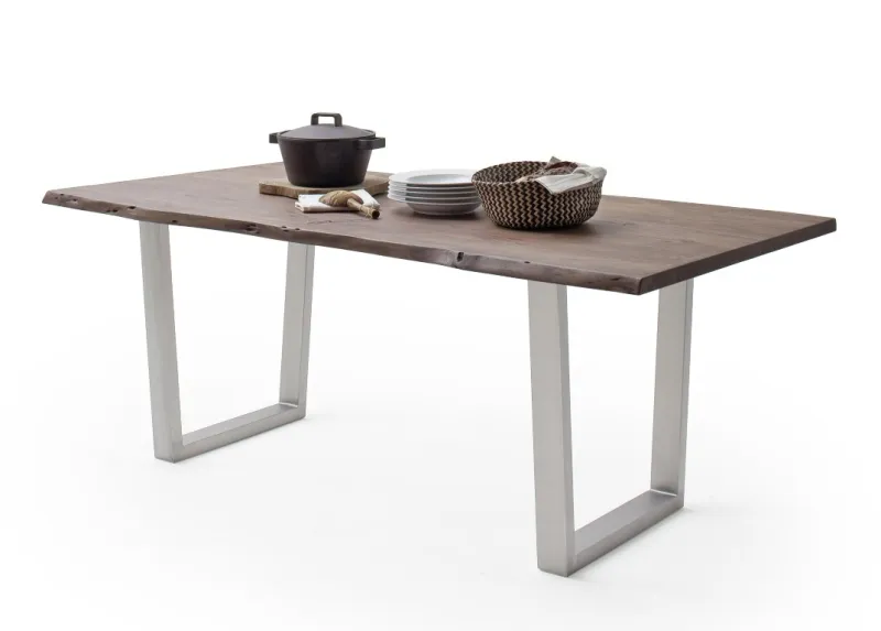 Esstisch Calabria | Akazie massiv | T-Gestell Edelstahl | walnuss | 200 x 100 -Tischplatte 3,5 cm