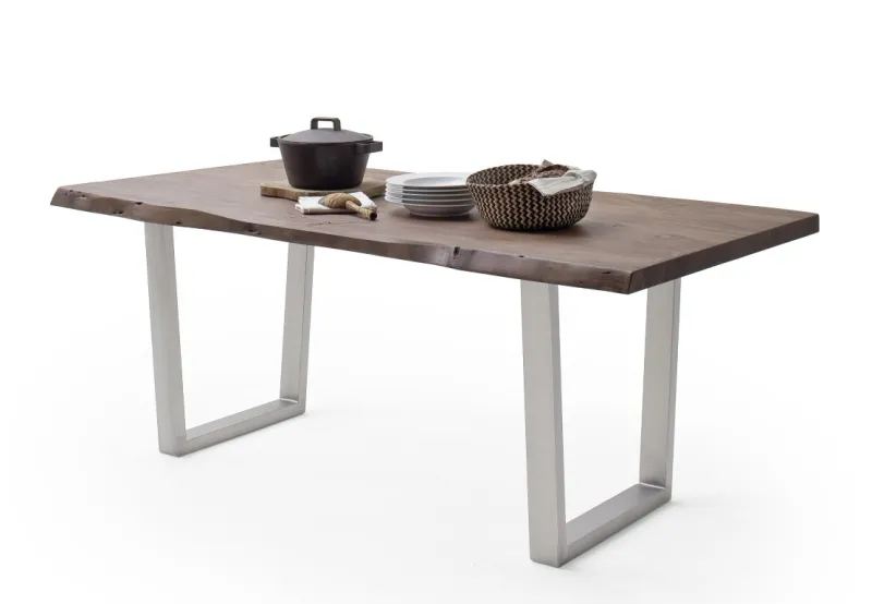 Esstisch Calabria | Akazie massiv | T-Gestell Edelstahl | walnuss | 220 x 100 -Tischplatte 5,5 cm