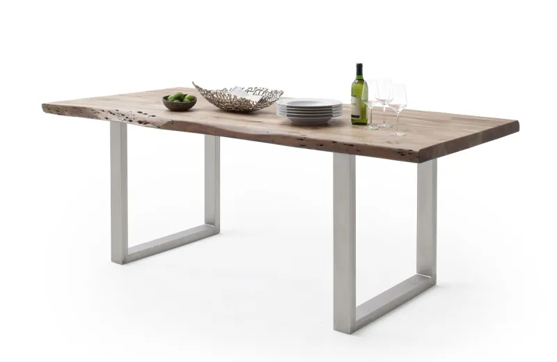 Esstisch Calabria | Akazie massiv | U-Gestell Edelstahl | natur | 220 x 100 -Tischplatte 5,5 cm