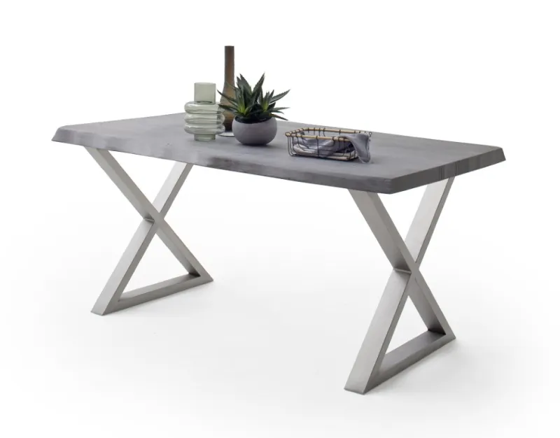 Esstisch Calabria | Akazie massiv | X-Gestell Edelstahl | grau | 240 x 100-Tischplatte 5,5 cm