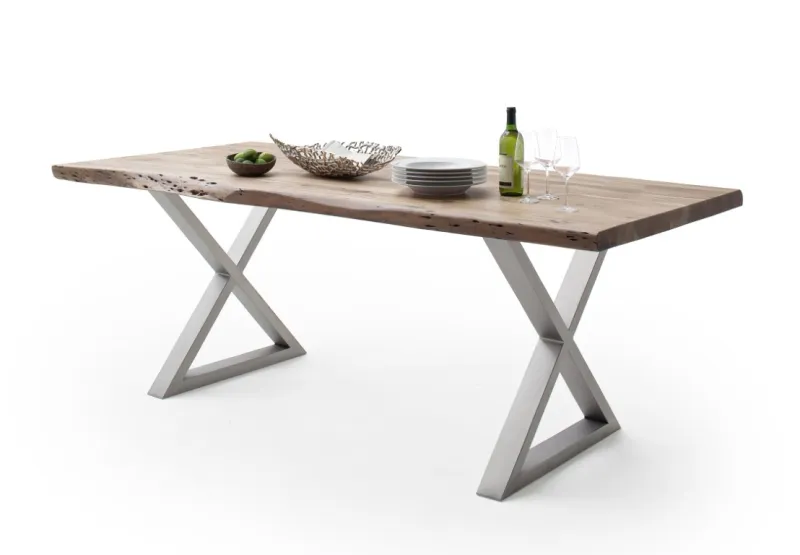 Esstisch Calabria | Akazie massiv | X-Gestell Edelstahl | natur | 220 x 100 -Tischplatte 5,5 cm