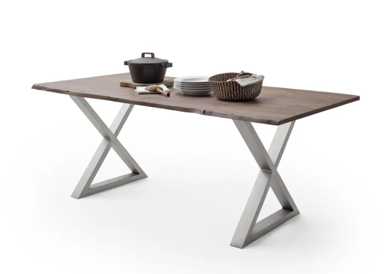 Esstisch Calabria | Akazie massiv | X-Gestell Edelstahl | walnuss | 180 x 90-Tischplatte 2,5 cm