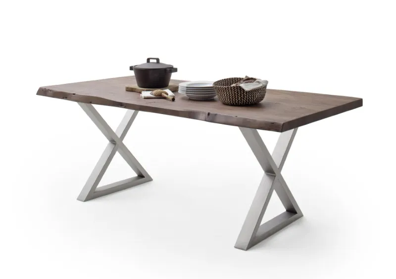 Esstisch Calabria | Akazie massiv | X-Gestell Edelstahl | walnuss | 220 x 100 -Tischplatte 5,5 cm