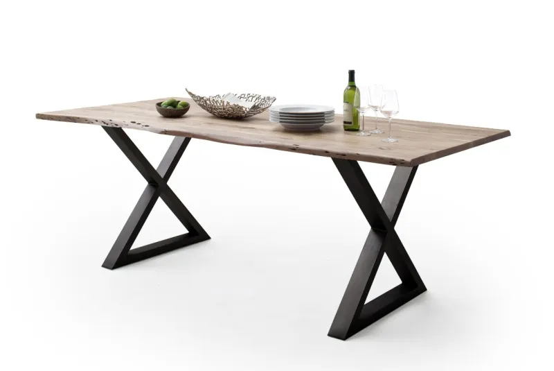 Esstisch Calabria | Akazie massiv | X-Gestell | natur / anthrazit | 180 x 90-Tischplatte 2,5 cm