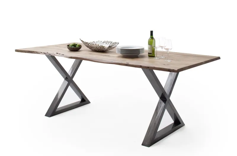 Esstisch Calabria | Akazie massiv | X-Gestell | natur / antik gewischt | 180 x 100-Tischplatte 3,5 cm