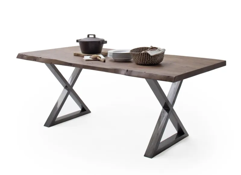 Esstisch Calabria | Akazie massiv | X-Gestell | walnuss / antik gewischt | 240 x 100-Tischplatte 5,5 cm
