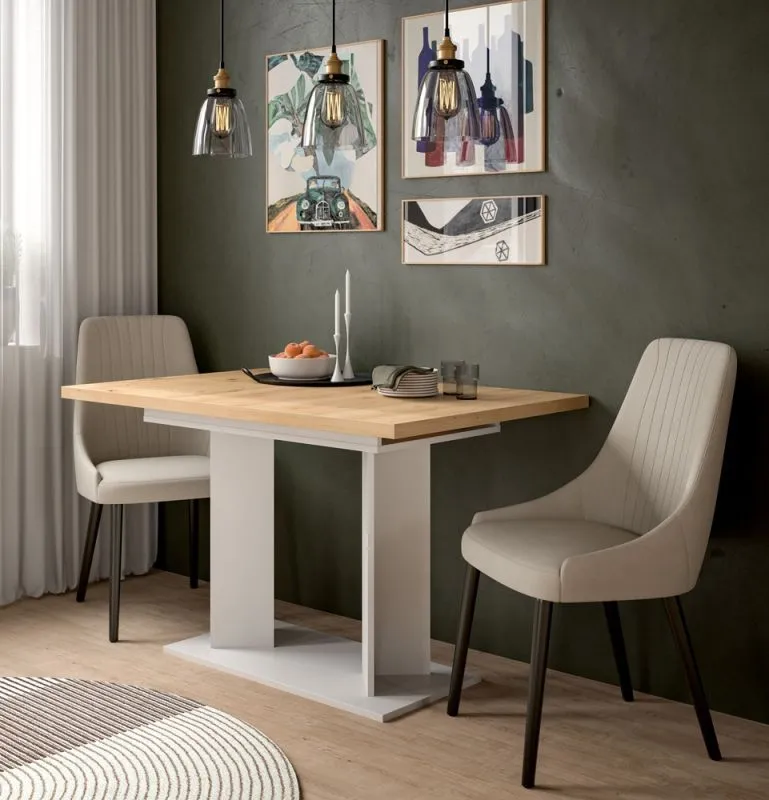 Esstisch Gustav | ausziehbar | Säulen-Fußgestell | Artisan Eiche / weiß | verschiedene Größen