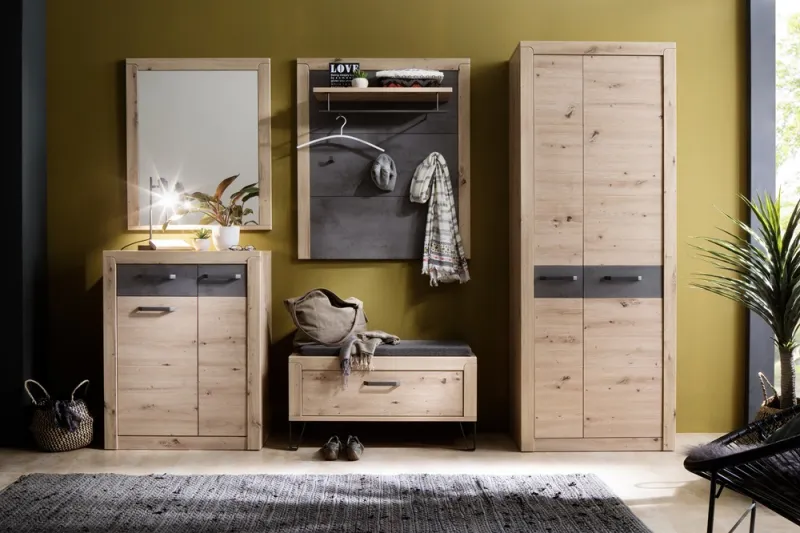 Garderoben Set Incata | Balkeneiche / Oxid grau | 5-teilig mit Sitzkissen