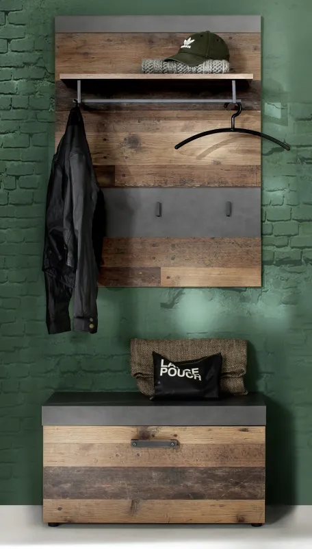 Garderoben-Set Indy 1 | Old Used Wood / Matera grau | 2-teilig | Shabby Look ohne Sitzkissen