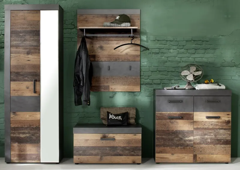 Garderoben-Set Indy 1 | Old Used Wood / Matera grau | 4-teilig | Shabby Look mit Sitzkissen