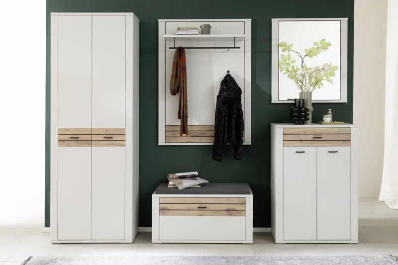 Garderoben Set Mantena | Modern White / Viking Oak | 5-teilig mit Sitzkissen