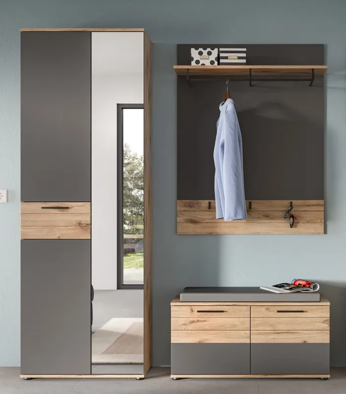 Garderoben-Set Mason | Nox Oak / Basalt Grau | 3-teilig mit Sitzkissen