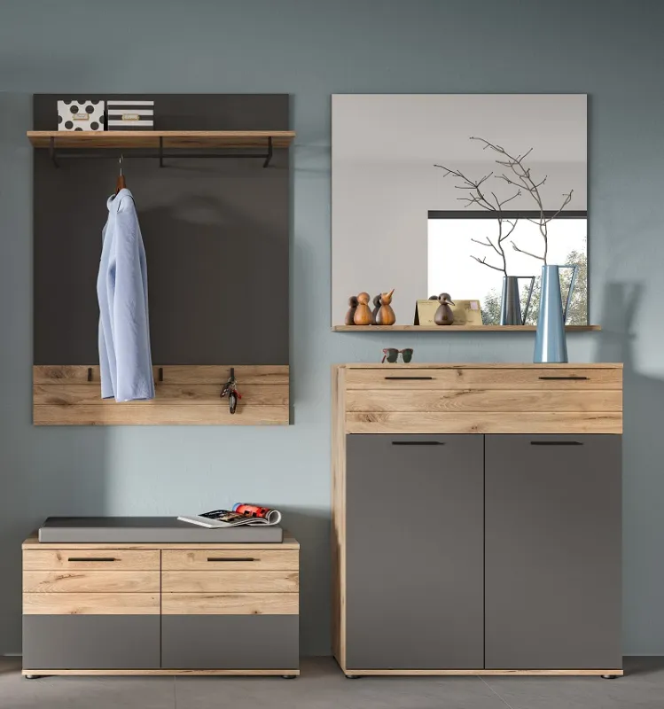 Garderoben-Set Mason | Nox Oak / Basalt Grau | 4-teilig ohne Sitzkissen