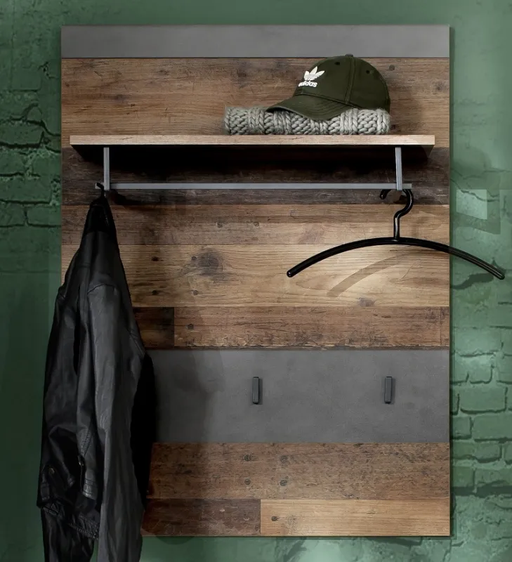Garderobenpaneel Wandgarderobe Indy | Old Used Wood / Matera grau | Shabby Look