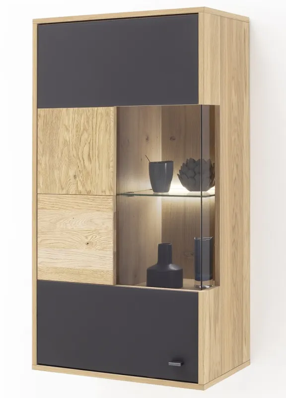 Hängevitrine Valencia | Balkeneiche Bianco / Glas anthrazit | ohne Beleuchtung