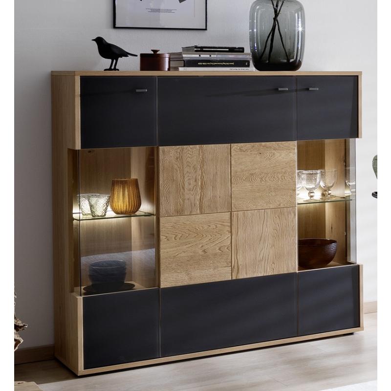 Highboard Valencia groß | Balkeneiche Bianco / Glas anthrazit | LED Beleuchtung