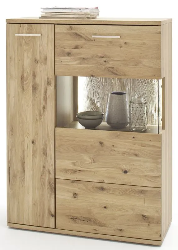 Highboard 1 Santori, Asteiche Bianco massiv, 1 Tür, 1 Schubkasten, Vitrine mit Glasfront und 2 Schubkästen