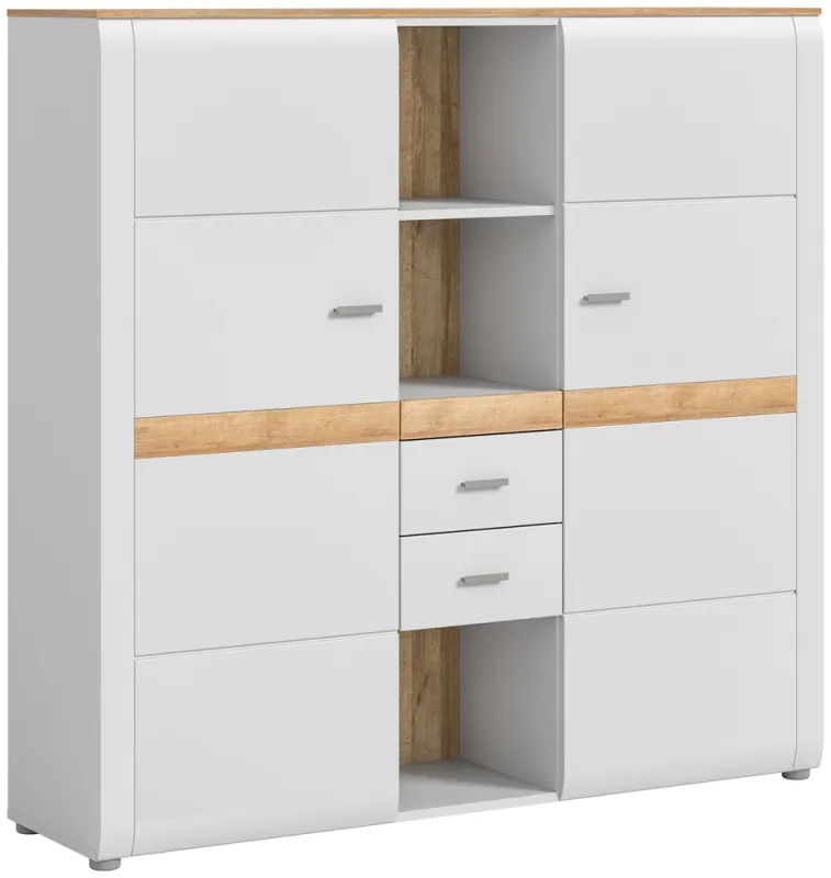 Highboard Ashton | hellgrau matt / Rivera Eiche | LED Beleuchtung