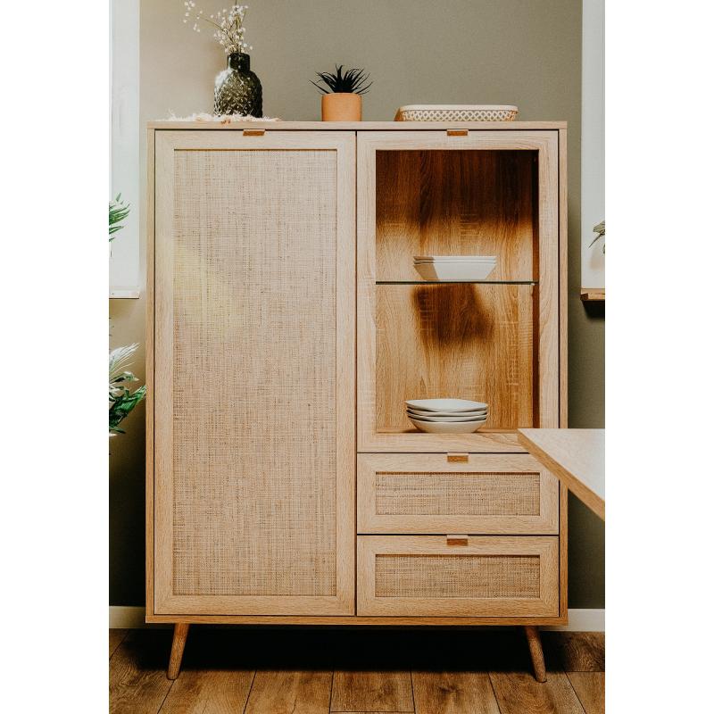 Highboard Bali | Sonoma Eiche / Rafia Geflecht | Mediterran