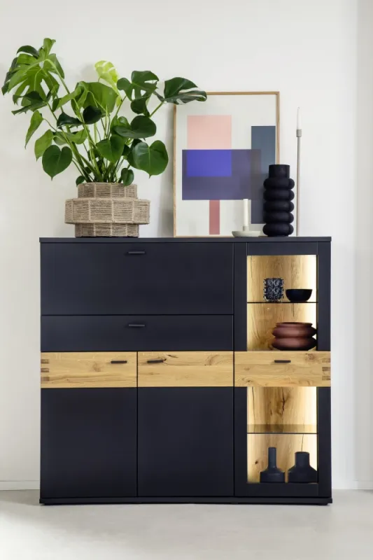 Highboard Cesena | Wildeiche / schwarzgrau | mit 4er Set LED Beleuchtung 60 cm