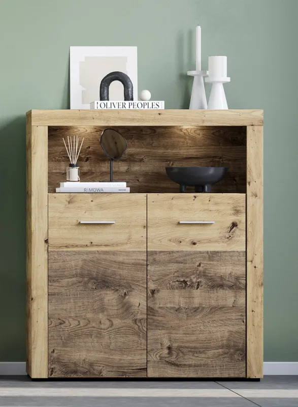 Highboard Fly | Artisan Eiche | mit 2er Set LED Unterbauspot