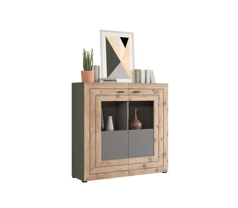 Highboard Freno | grau matt / Nox Oak | mit 3er Set LED Unterbauspot