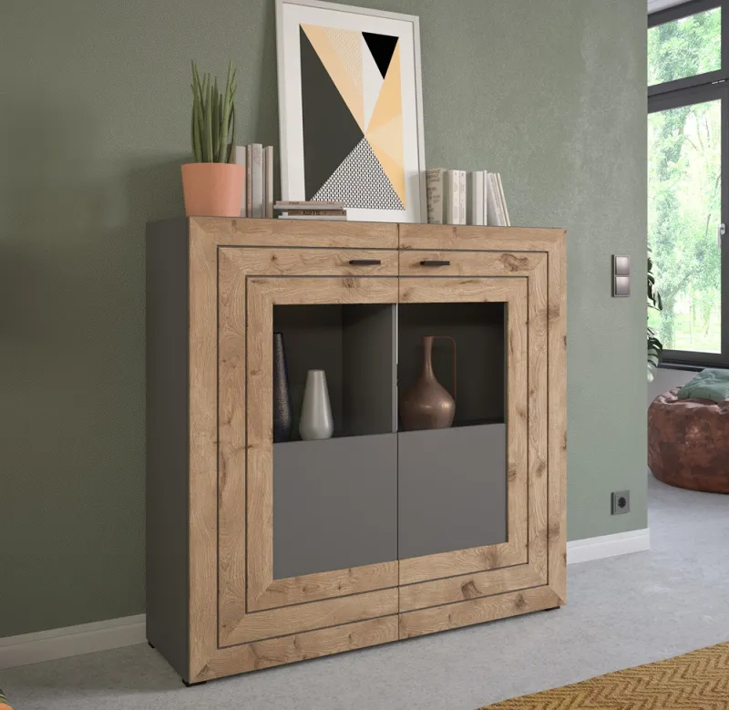 Highboard Freno | grau matt / Nox Oak | ohne Beleuchtung