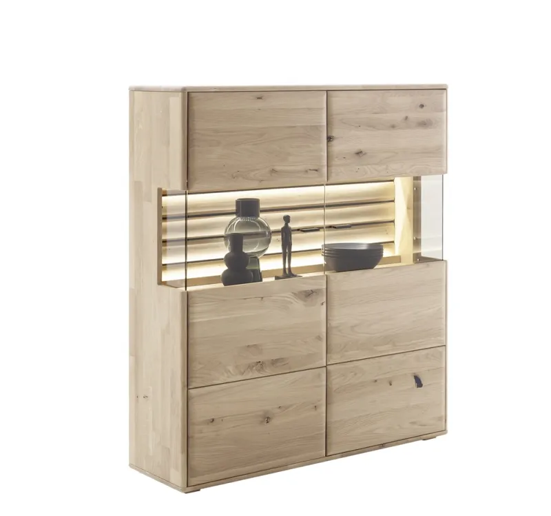 Highboard Girona | mit Glastüren | Ast / Balkeneiche | optional LED Beleuchtung