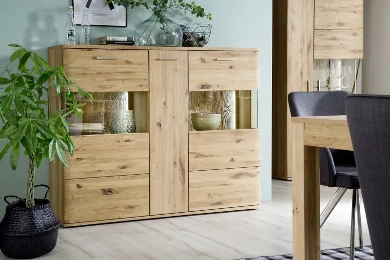 Highboard groß Santori | Eiche Bianco | LED Beleuchtung mit 4er Set LED Band 30 cm