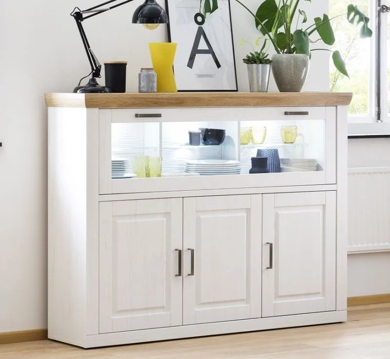 Highboard I Brixen | Landhaus modern | Pinie Aurelio / Grandson Oak mit 3er Set LED Glasbodenclips