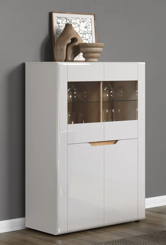 Highboard Marlon | weiß Hochglanz / Evoke Eiche mit 2er Set Glasbodenclip