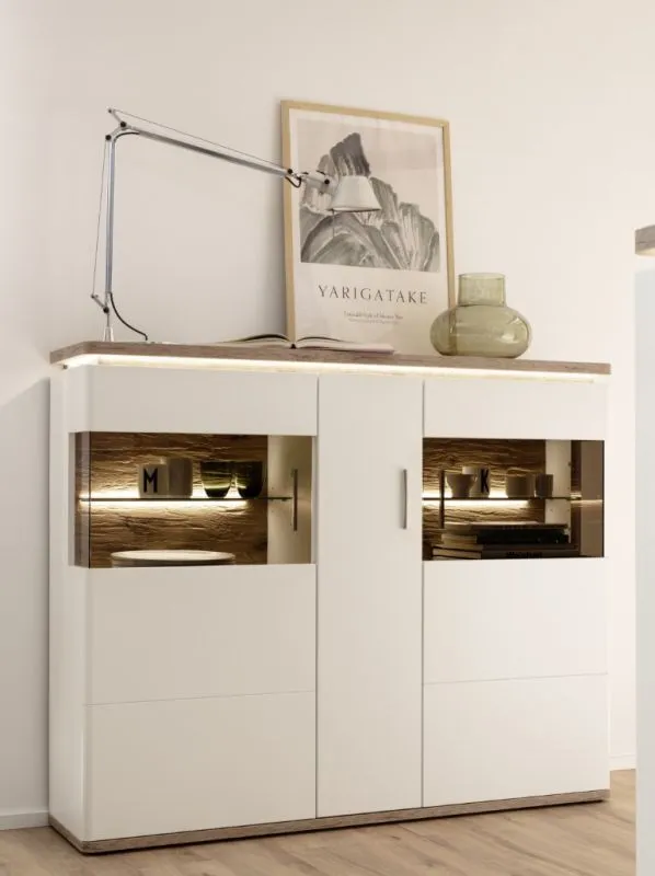 Highboard Palermo | Soft white / Viking Oak | LED Beleuchtung