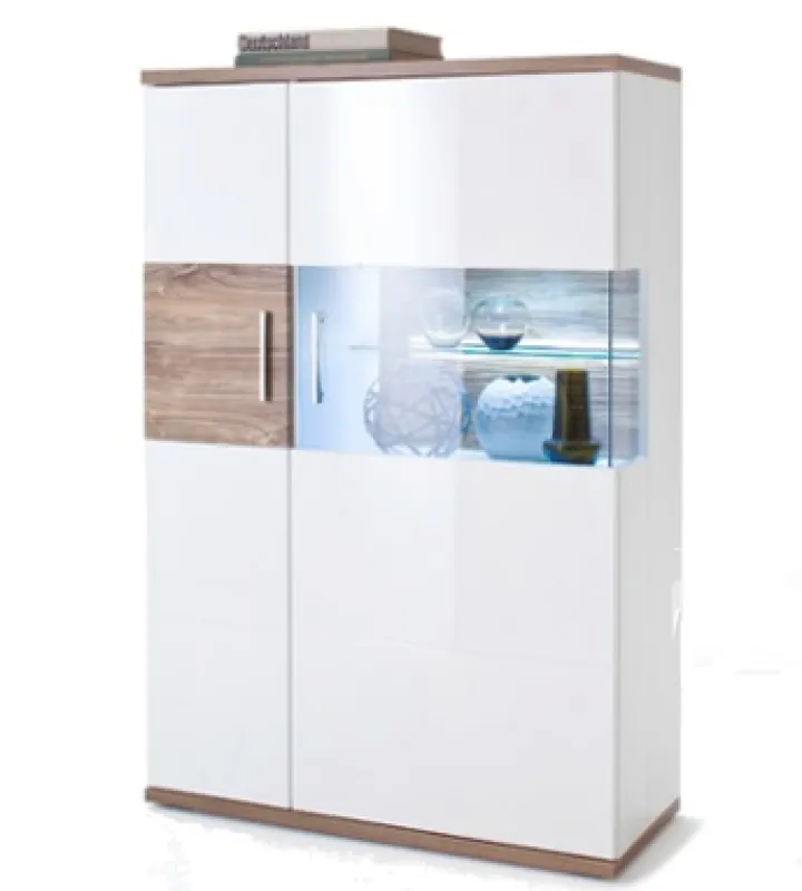 Highboard (R) Luzern | weiß Hochglanz / Sterling Oak | mit 1er Set LED Rückwandbeleuchtung